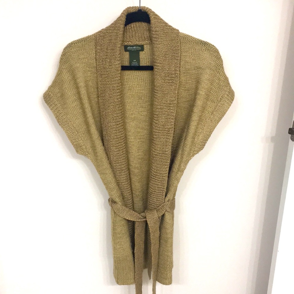 Eddie Bauer shawl collar, short sleeve cardigan sweater w/tie belt, size S/P